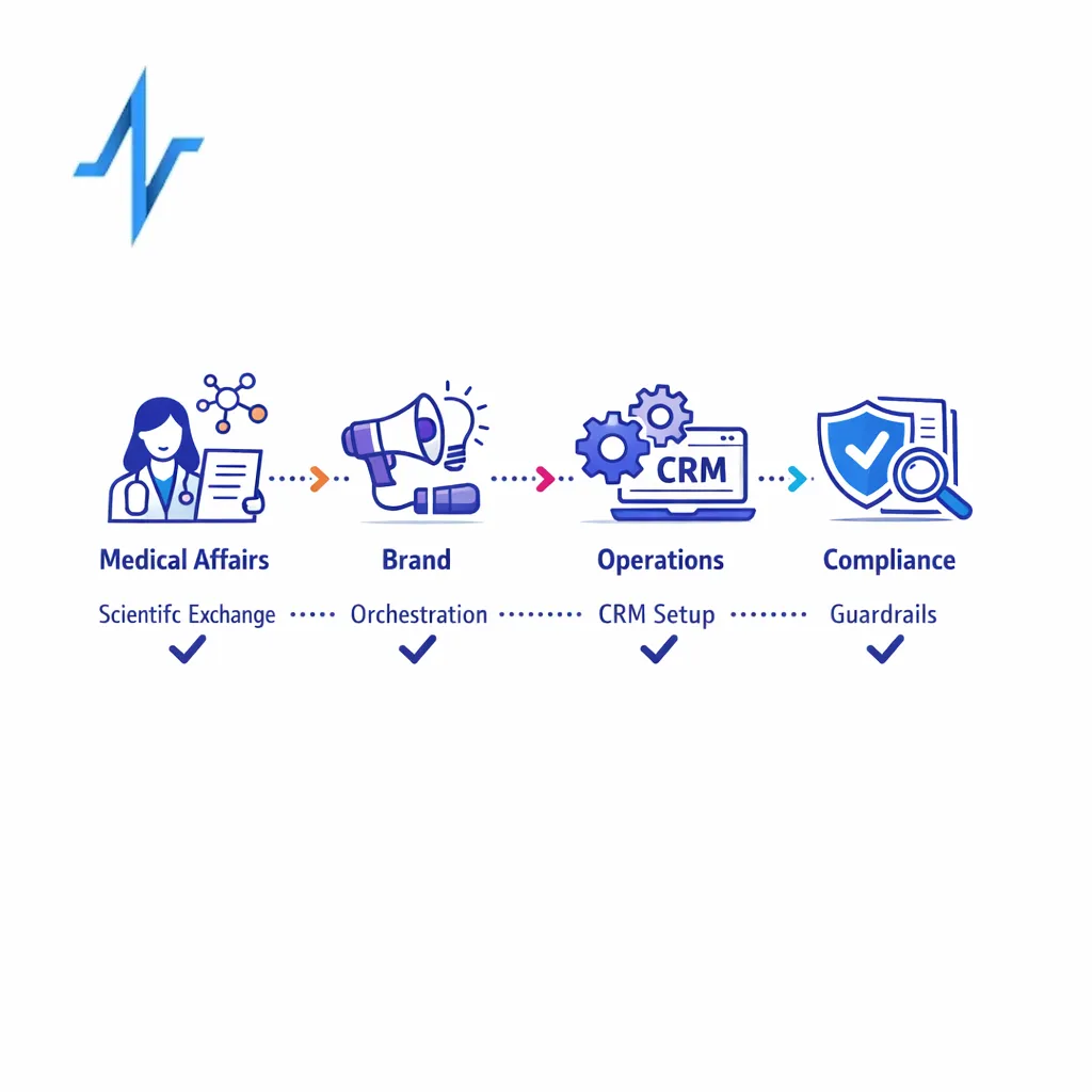 Medical, brand, operations, and compliance roles connect through explicit handoffs in a shared workflow.