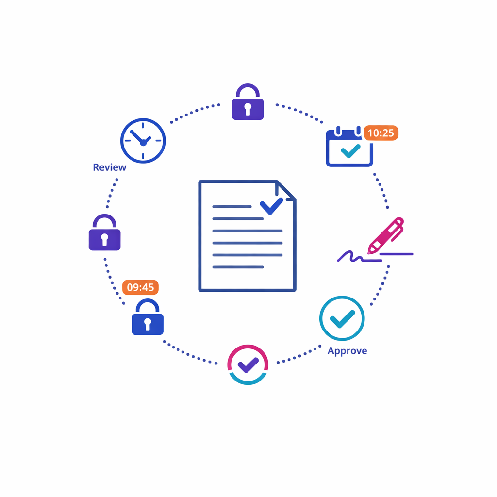 Time-stamped actions, approvals, and permissions form a visible audit trail around a controlled document.