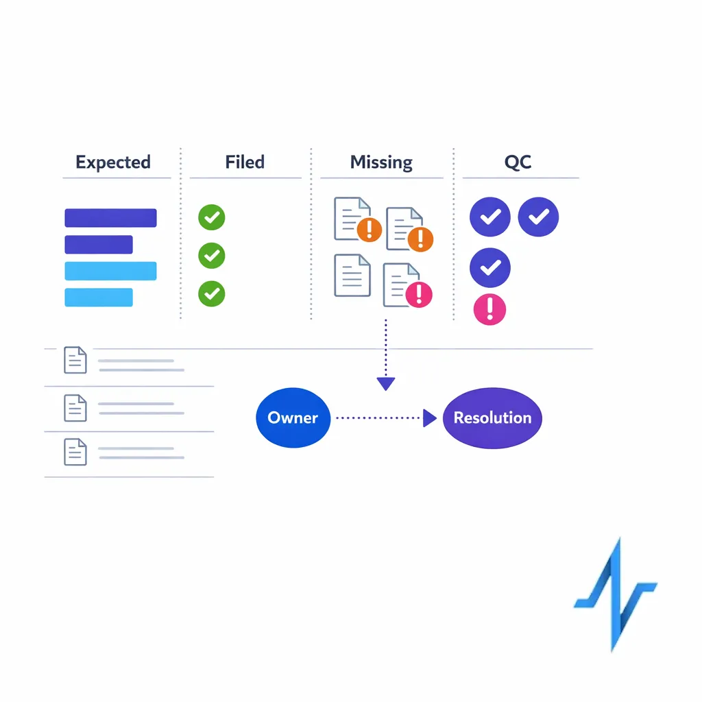 Dashboard view compares expected, filed, missing, and QC documents with clear action-oriented indicators.