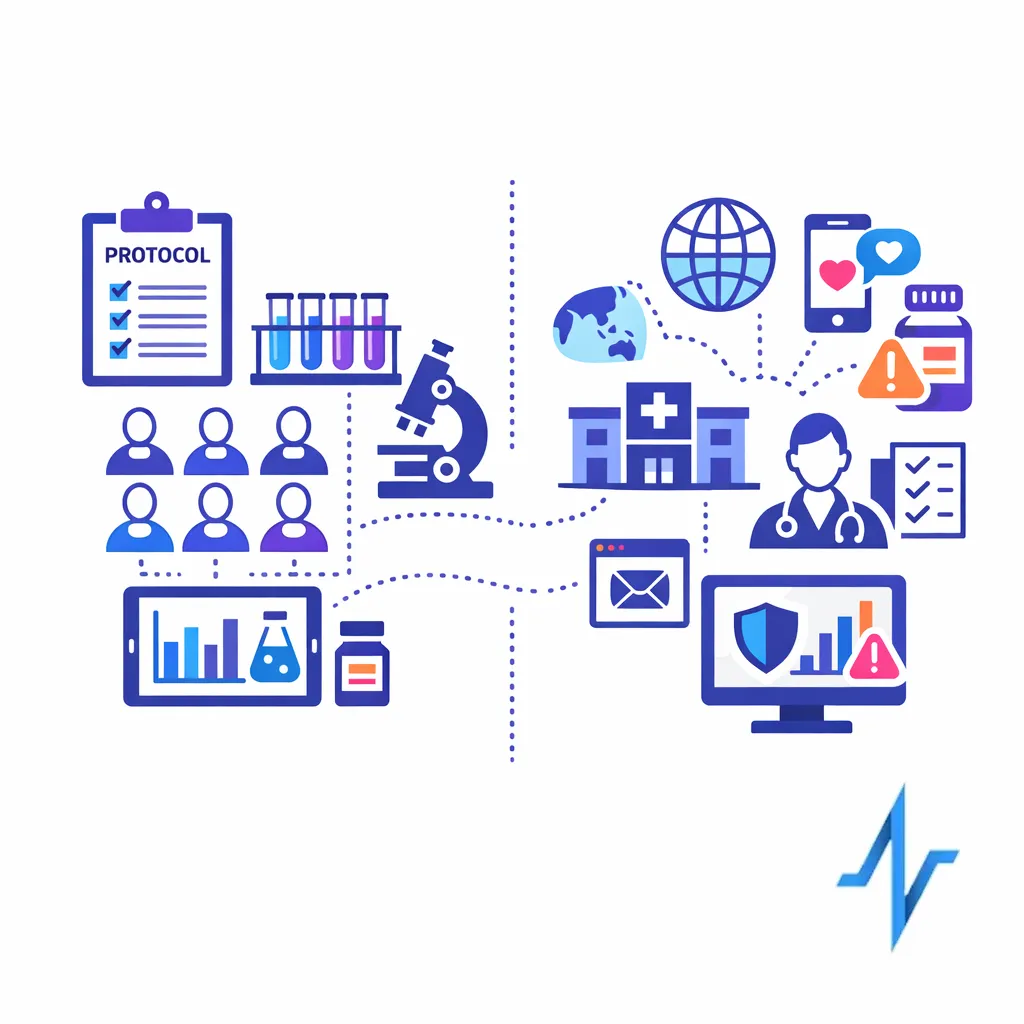 A split illustration contrasts controlled clinical trial safety with broader post-market monitoring.