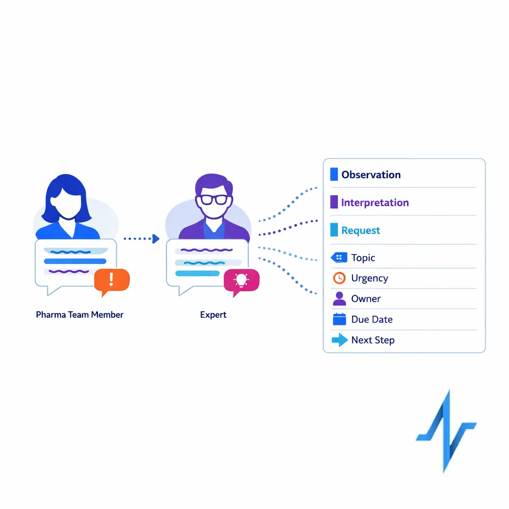 A conversation turns into coded insight fields with topic, urgency, owner, and next action.