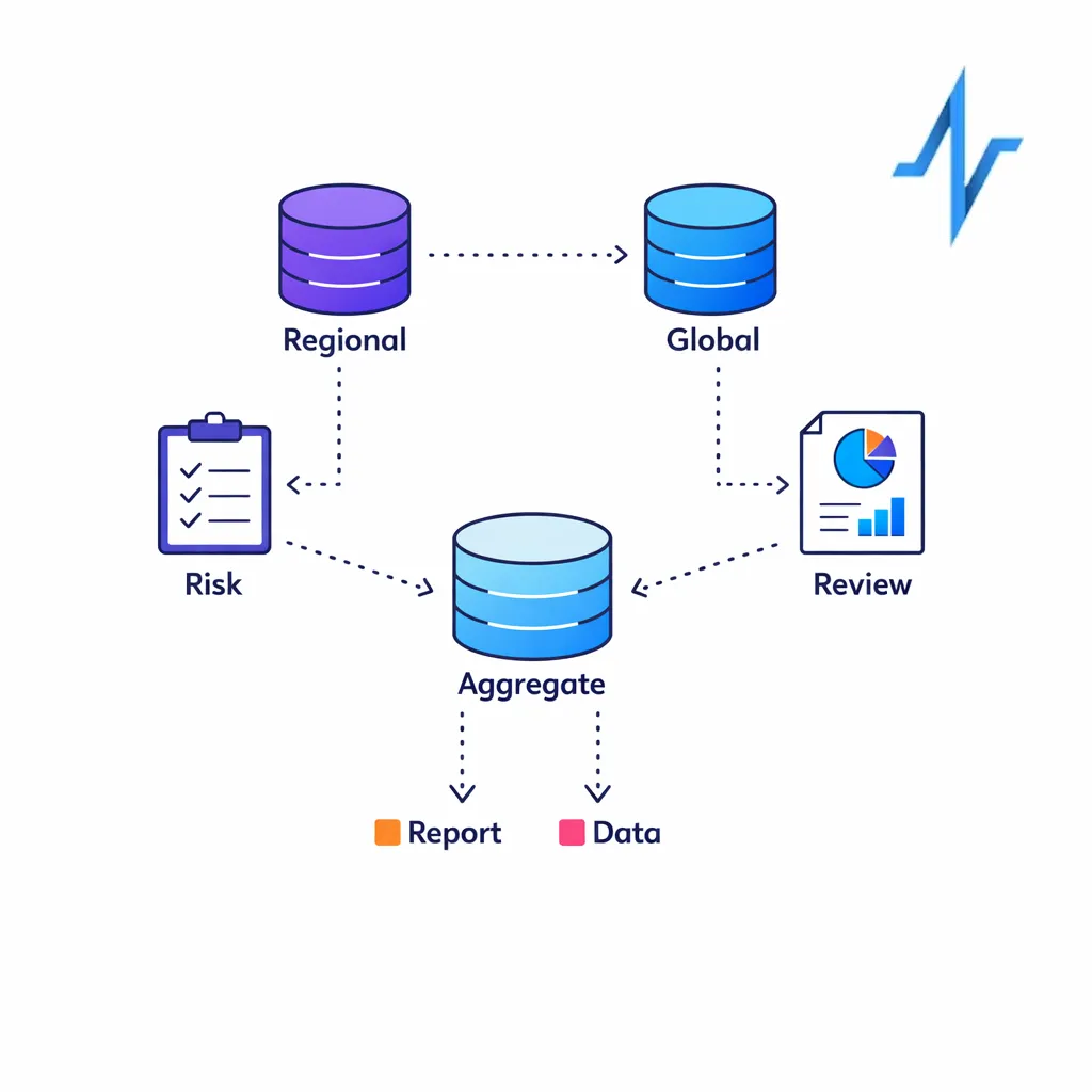 Global and regional reporting systems appear as connected databases in a clean compliance map.