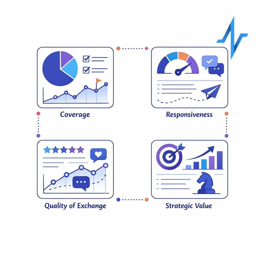 A concise dashboard balances coverage, responsiveness, quality, and strategic value beyond meeting counts.
