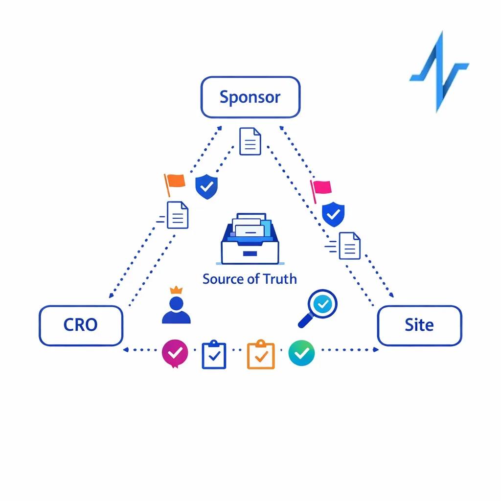 Documents move between sponsor, CRO, and site with visible ownership, review status, and final filing destination.