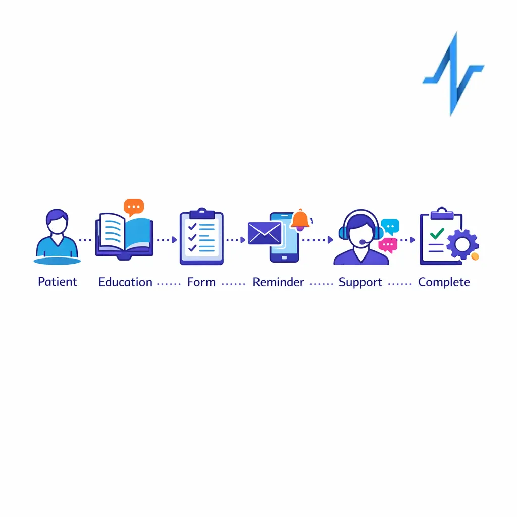 A clean central workflow diagram shows patients moving from education to enrollment, reminders, and support handoffs.