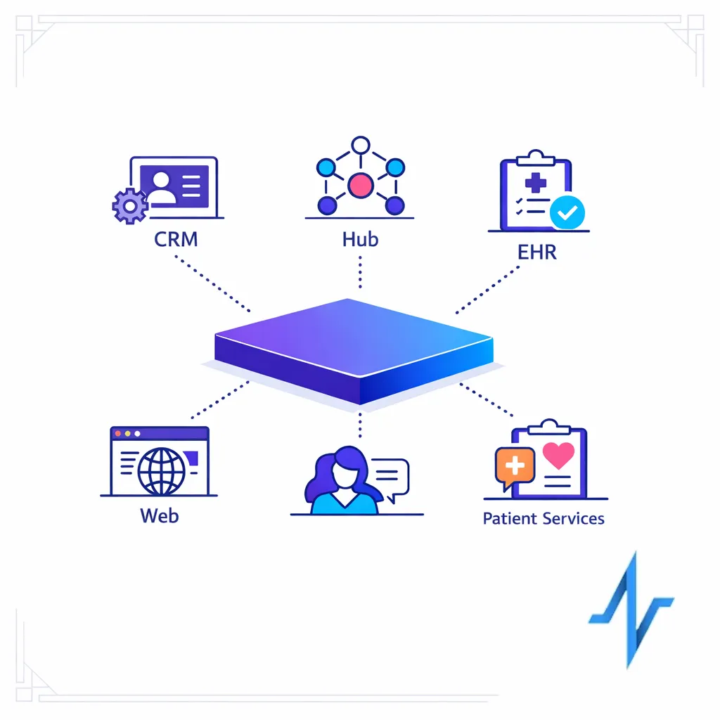 A central orchestration layer connects CRM, hub, EHR, web, and patient services systems.