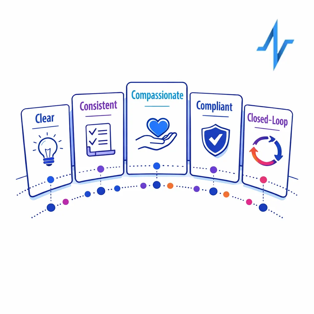 Five balanced pillars represent clear, consistent, compassionate, compliant, and closed-loop communication.