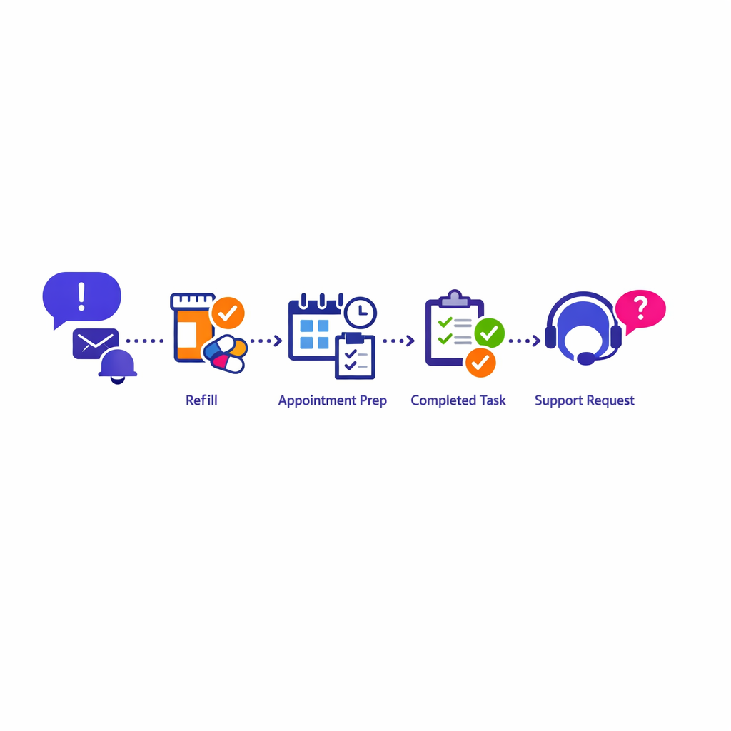 Reminder messages are linked to real next actions like refill, visit prep, and support requests.