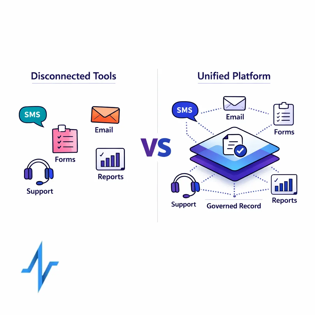 A fragmented stack contrasts with one governed platform connecting teams, channels, and workflows.