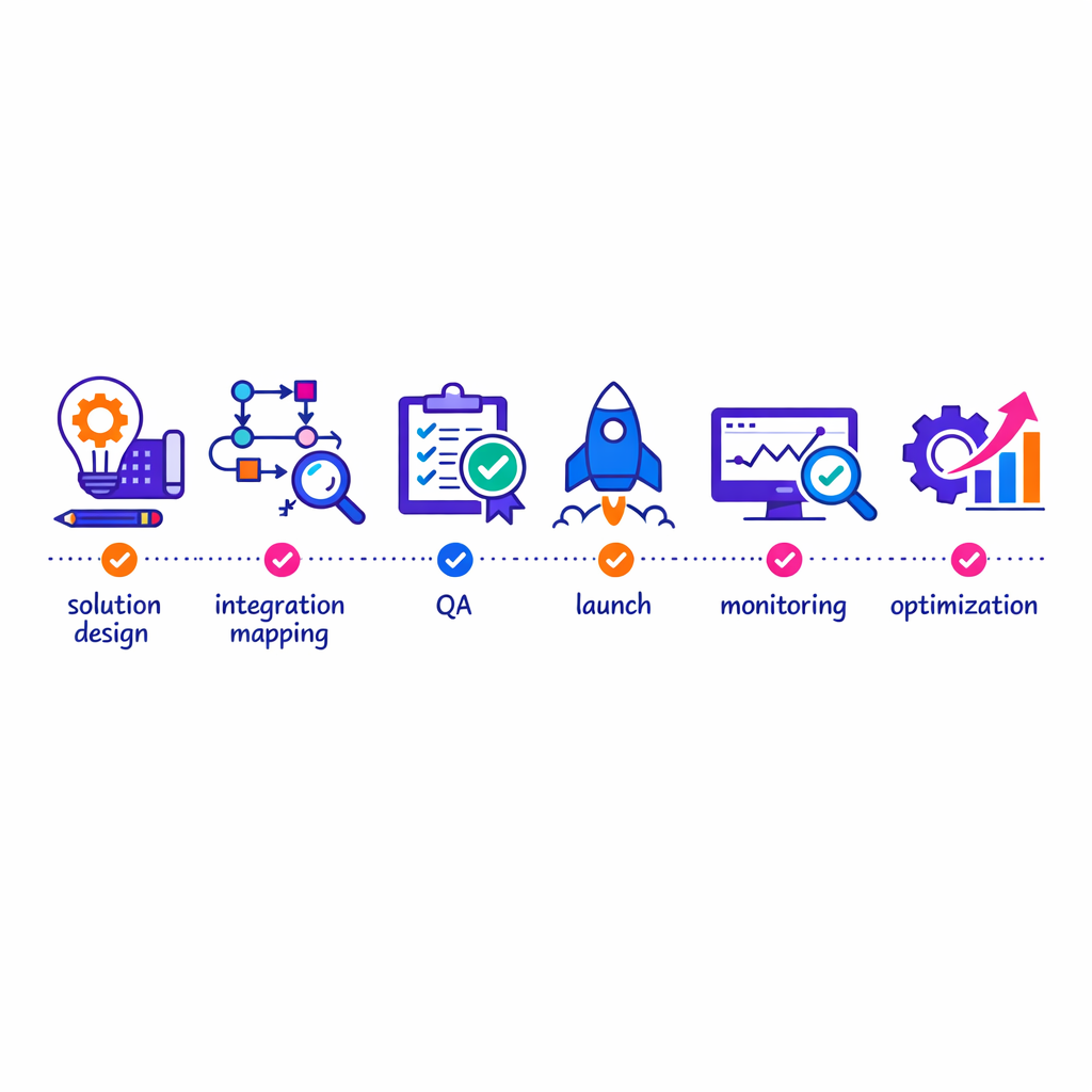 A launch checklist covers design, integrations, QA, deliverability, and optimization in one roadmap.