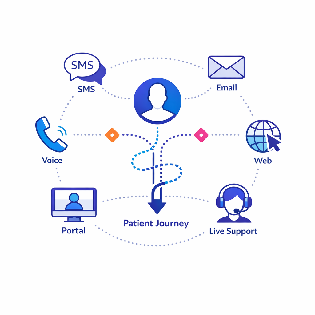 Multiple communication channels connect into one patient journey rather than isolated campaigns.