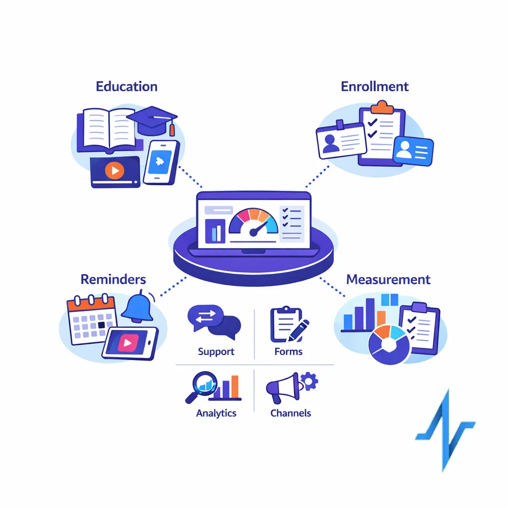 A central platform unites communication, enrollment, support, and measurement in a governed pharma workflow.