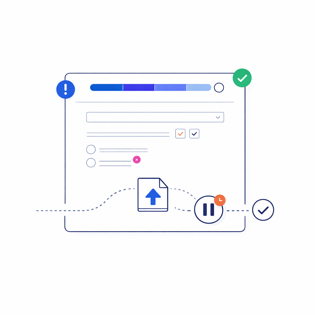 A simplified digital form shows conditional steps, progress, and a paused journey ready to resume.