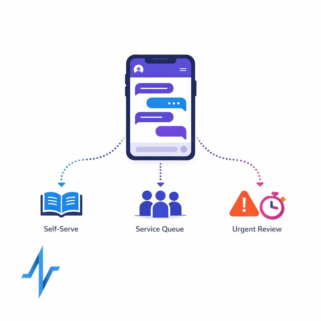 A two-way chat flow branches from simple replies to guided support queues and human follow-up.