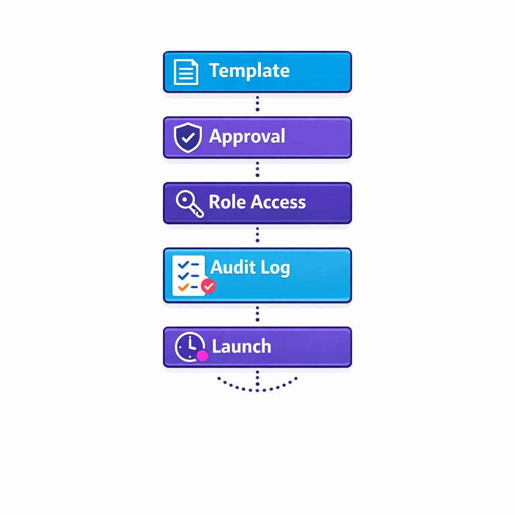 Approval gates, permissions, and audit trails are shown as a controlled workflow around communications.