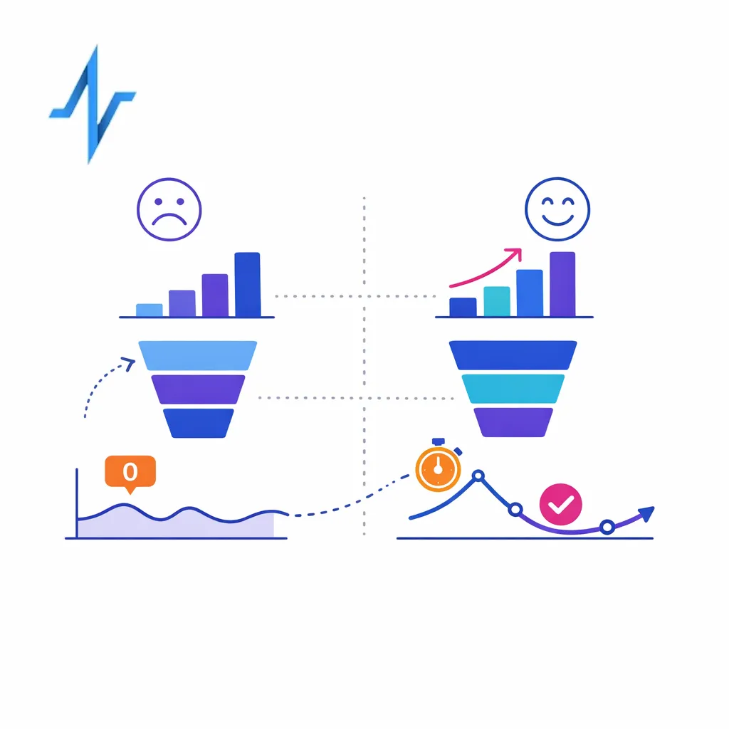 Outcome metrics replace vanity metrics in a clean dashboard of completions, speed, and staff effort.