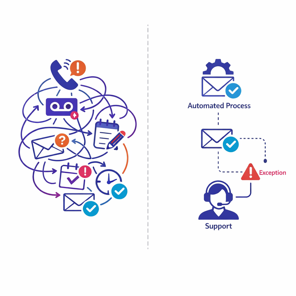 A tangled outreach loop contrasts with a streamlined automated path that routes only exceptions.
