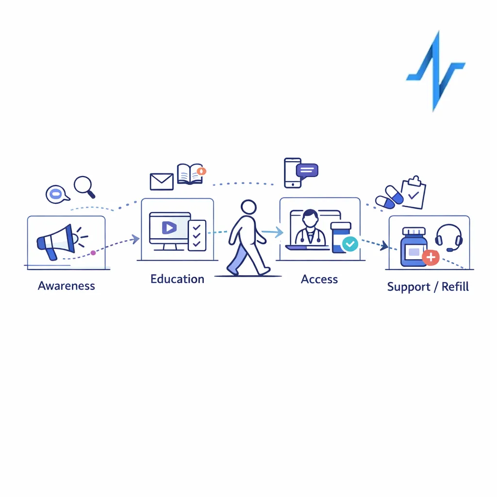 A clean diagram shows a patient moving from awareness to access, support, and refill across compliant channels.
