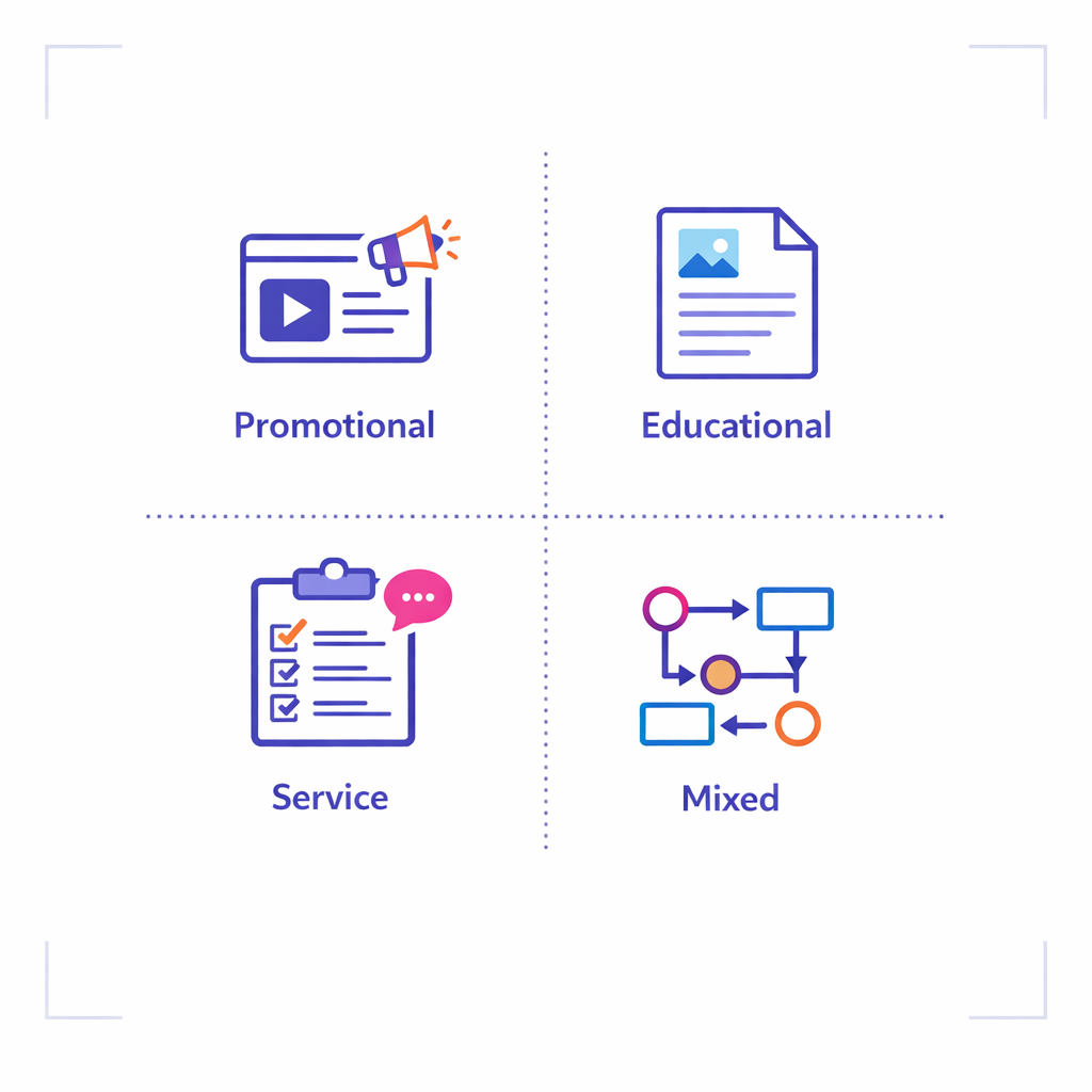 A four-part matrix separates promotional, educational, service, and mixed patient-facing assets.