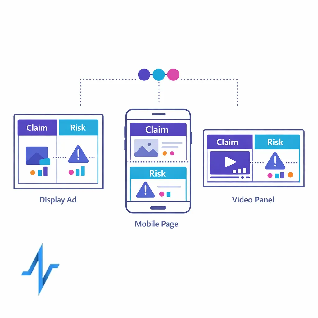 Multiple content formats display balanced claim and risk blocks with consistent prominence across channels.