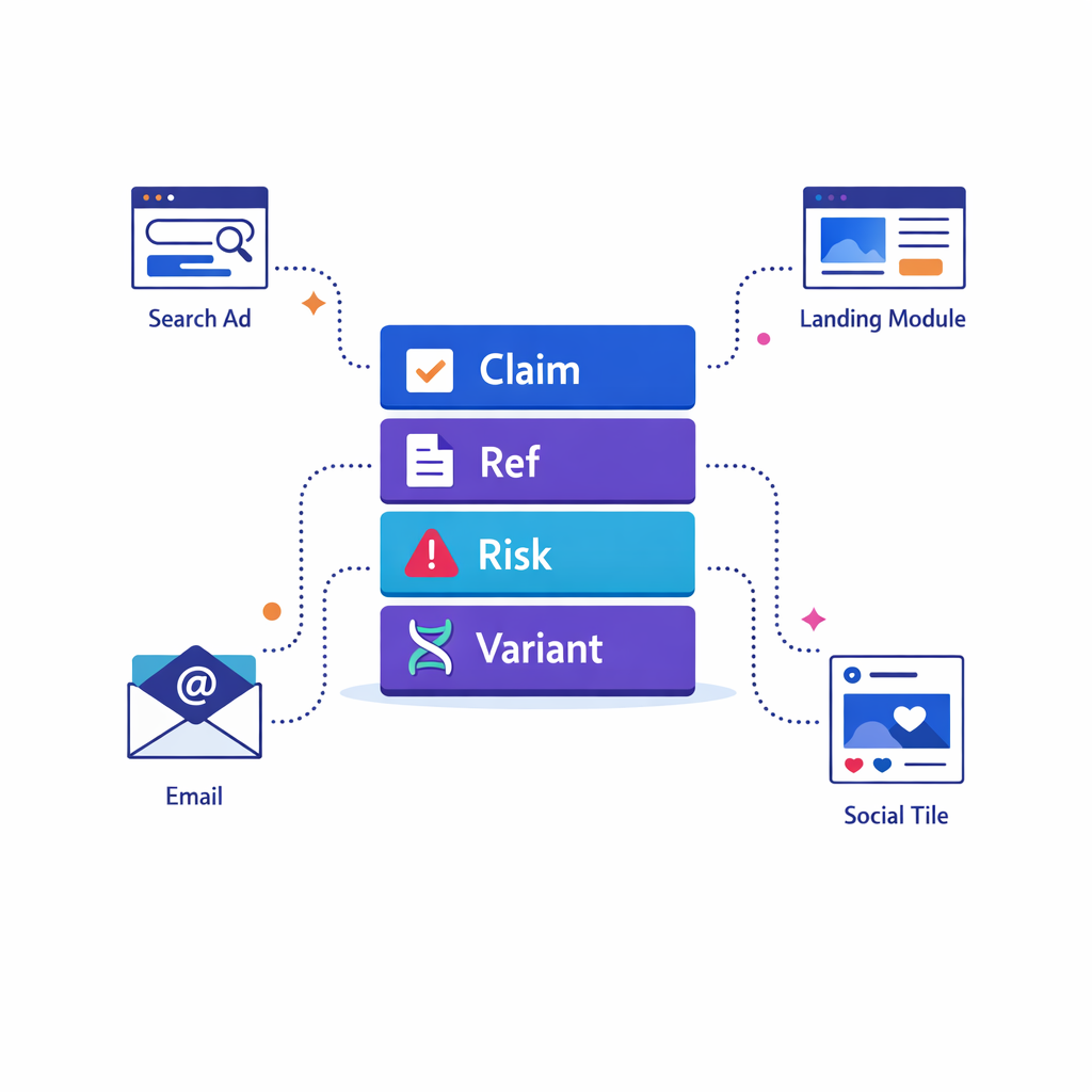 Reusable approved content blocks connect to multiple channels from one governed source.