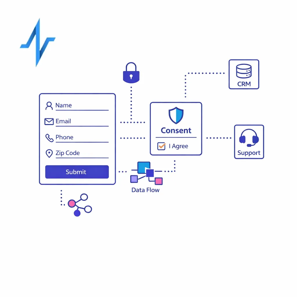 A form flow shows only necessary data fields, consent explanation, and controlled vendor handoffs.
