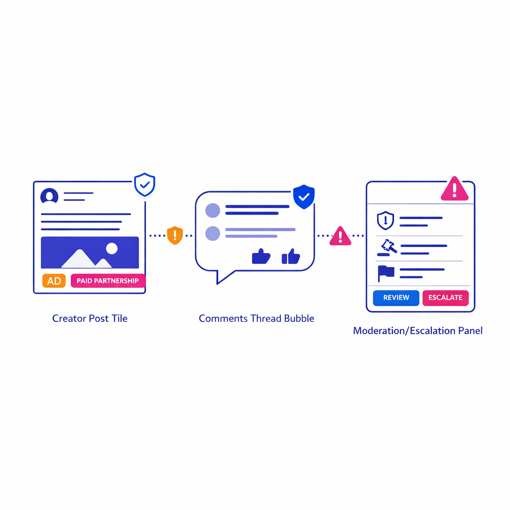 Creator content and comment workflows are framed by disclosure, moderation, and escalation guardrails.
