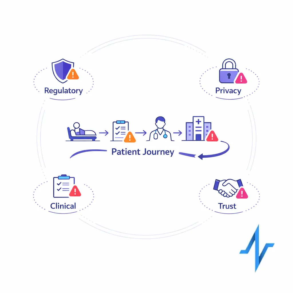 Four risk categories surround a patient journey as regulatory, privacy, clinical, and trust concerns.