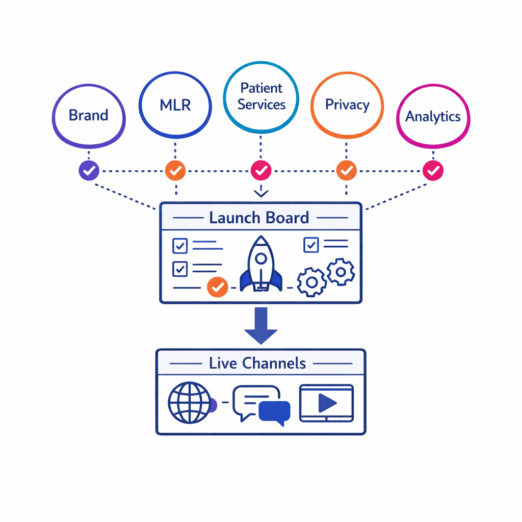 Brand, MLR, patient services, privacy, and analytics align in one launch workflow.