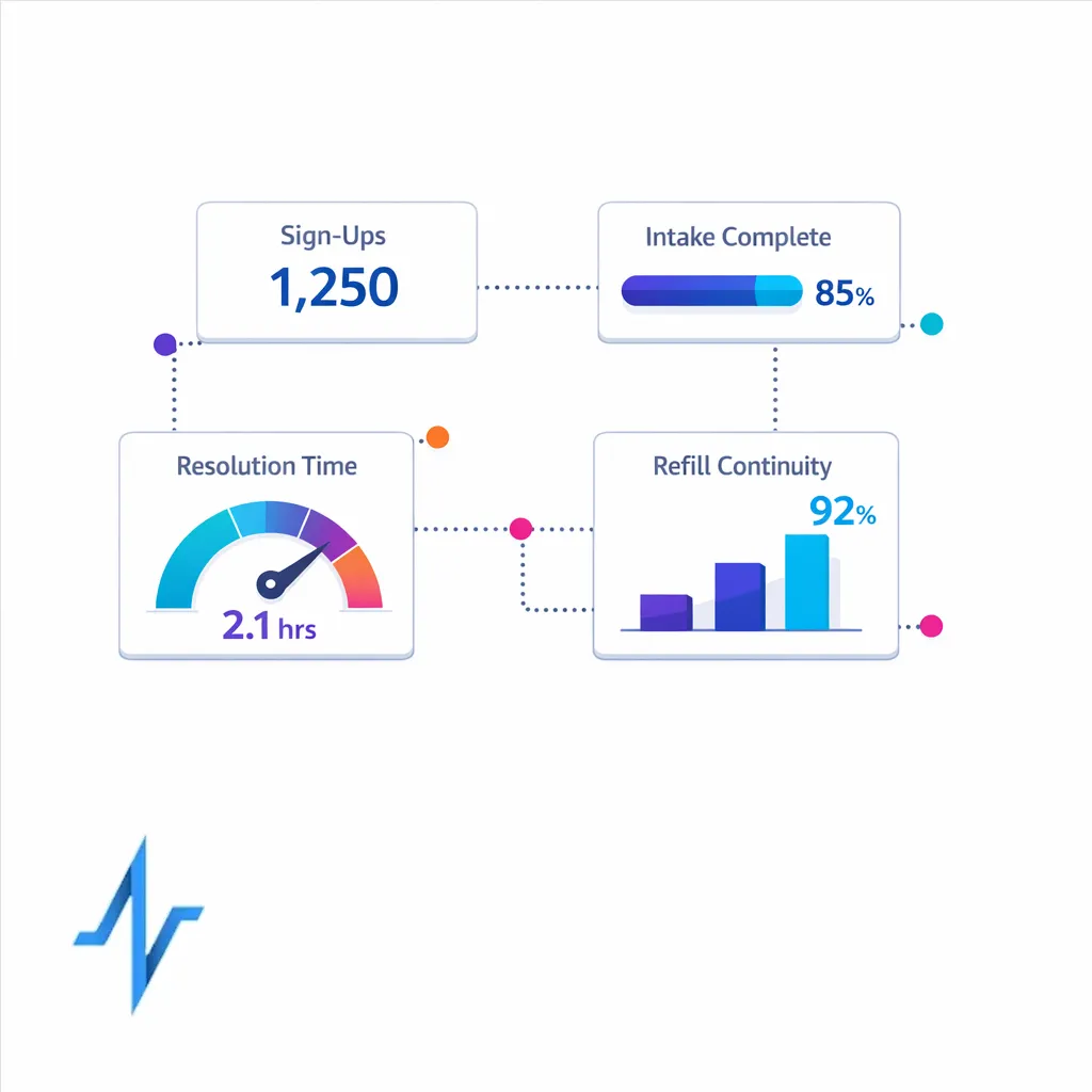 A simple dashboard tracks consented sign-ups, intake completion, support resolution, and refill continuity.