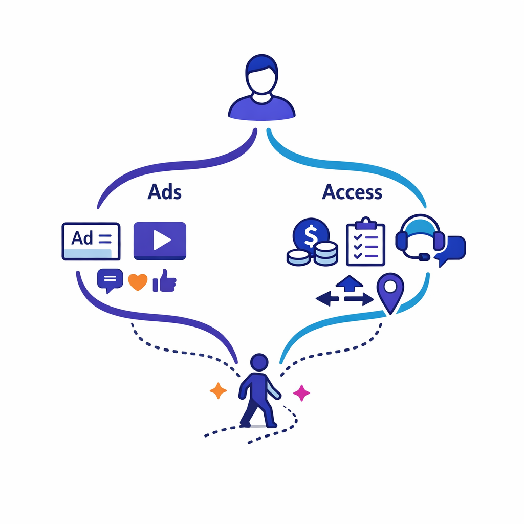 Two parallel paths distinguish promotional advertising from patient access workflows in a simple compliant diagram.