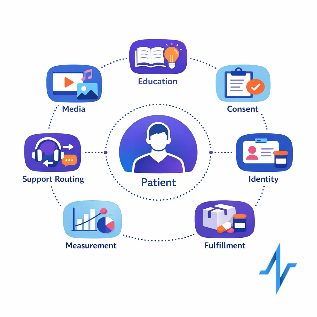 An integrated system connects media, consent, support, identity, and measurement around the patient.