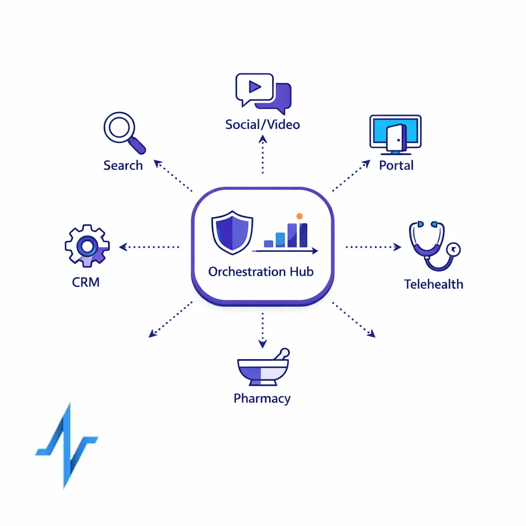 A central hub connects search, social, portal, telehealth, pharmacy, and CRM in a controlled visual system.