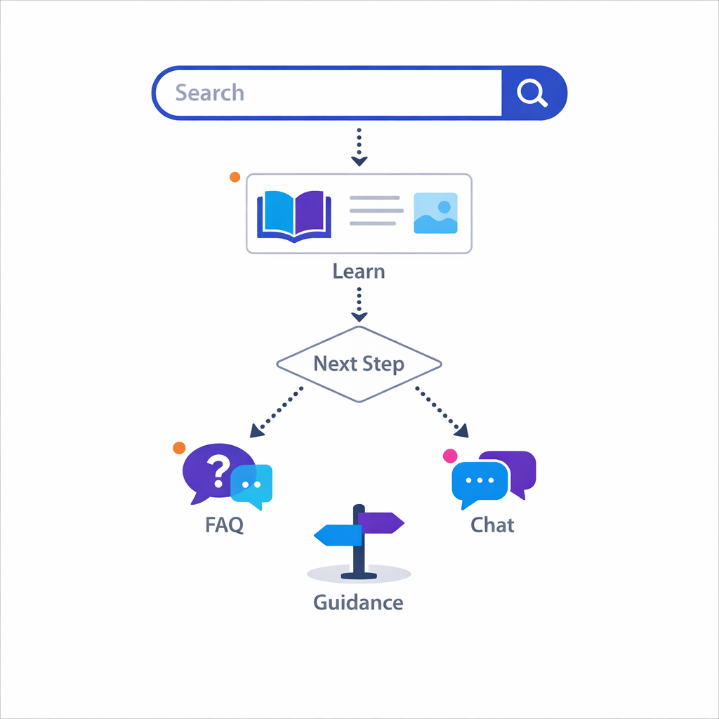 A search bar leads into educational content and a clear next-step pathway for patients.