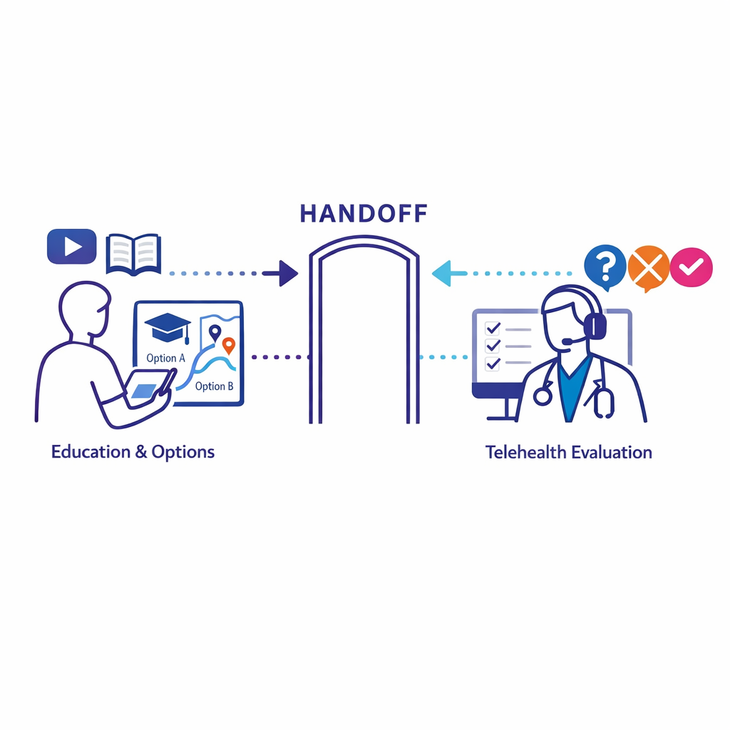 A patient education flow hands off clearly to an independent clinical encounter without pressure.