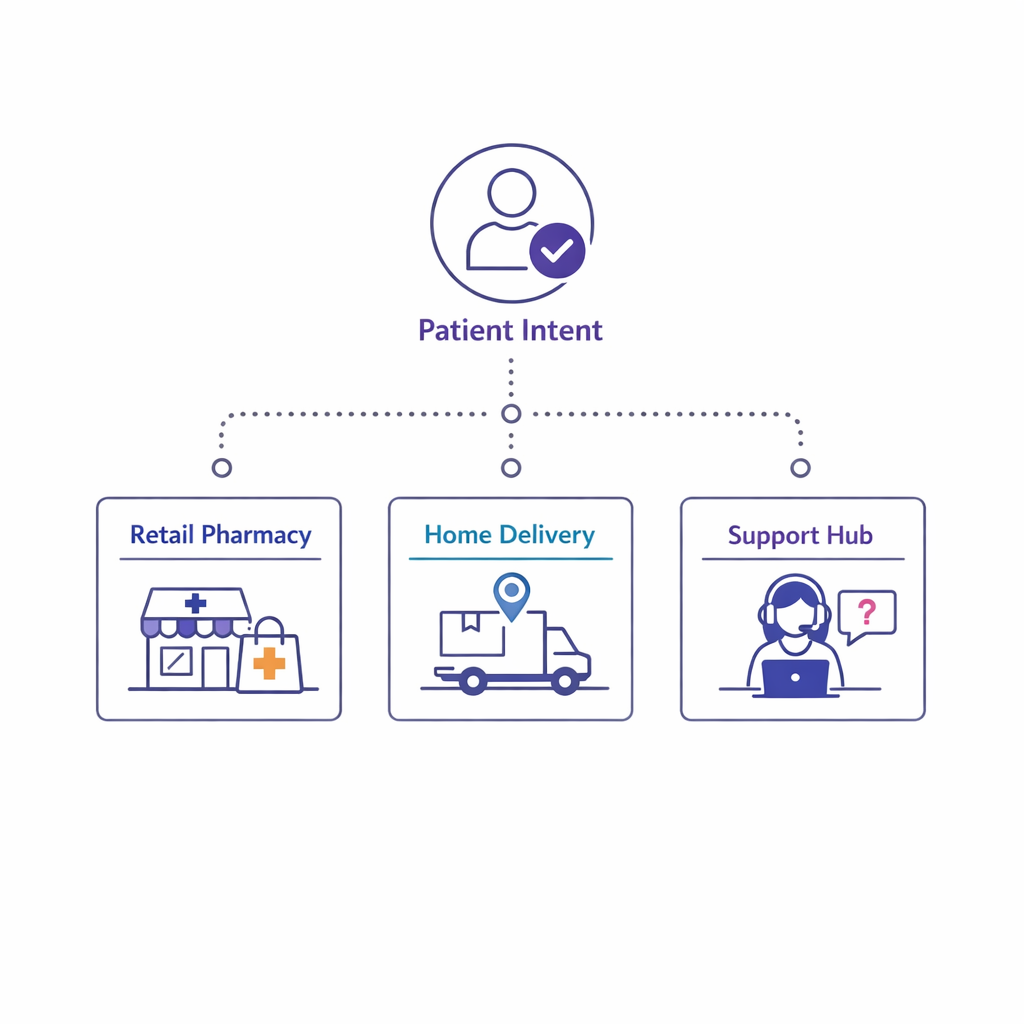 A simple map explains pharmacy, home delivery, and support paths without overstating eligibility.