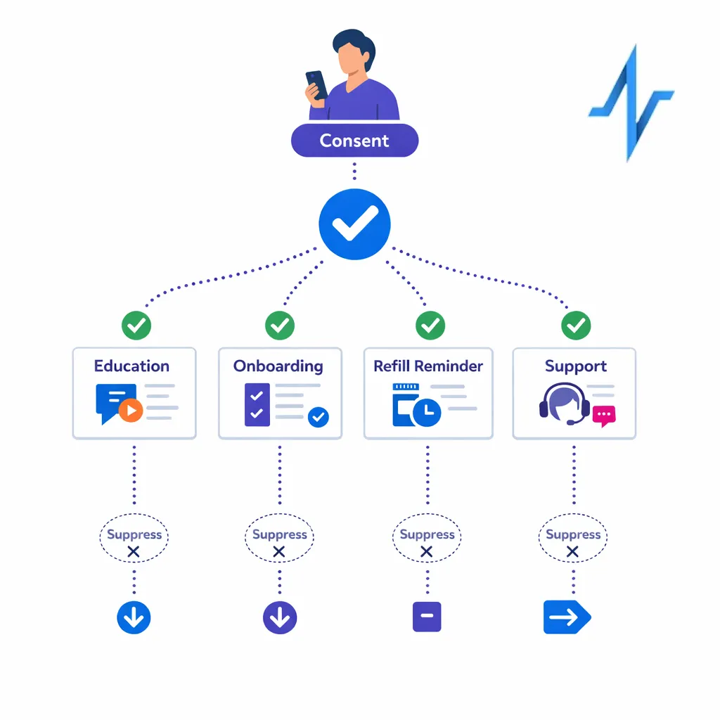 A consent-aware CRM workflow sends approved reminders and support messages based on patient choices.