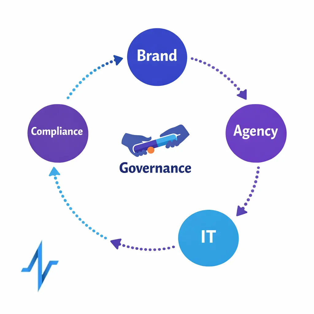 A simple workflow shows brand, agency, IT, and compliance passing a baton to maintain deliverability controls.