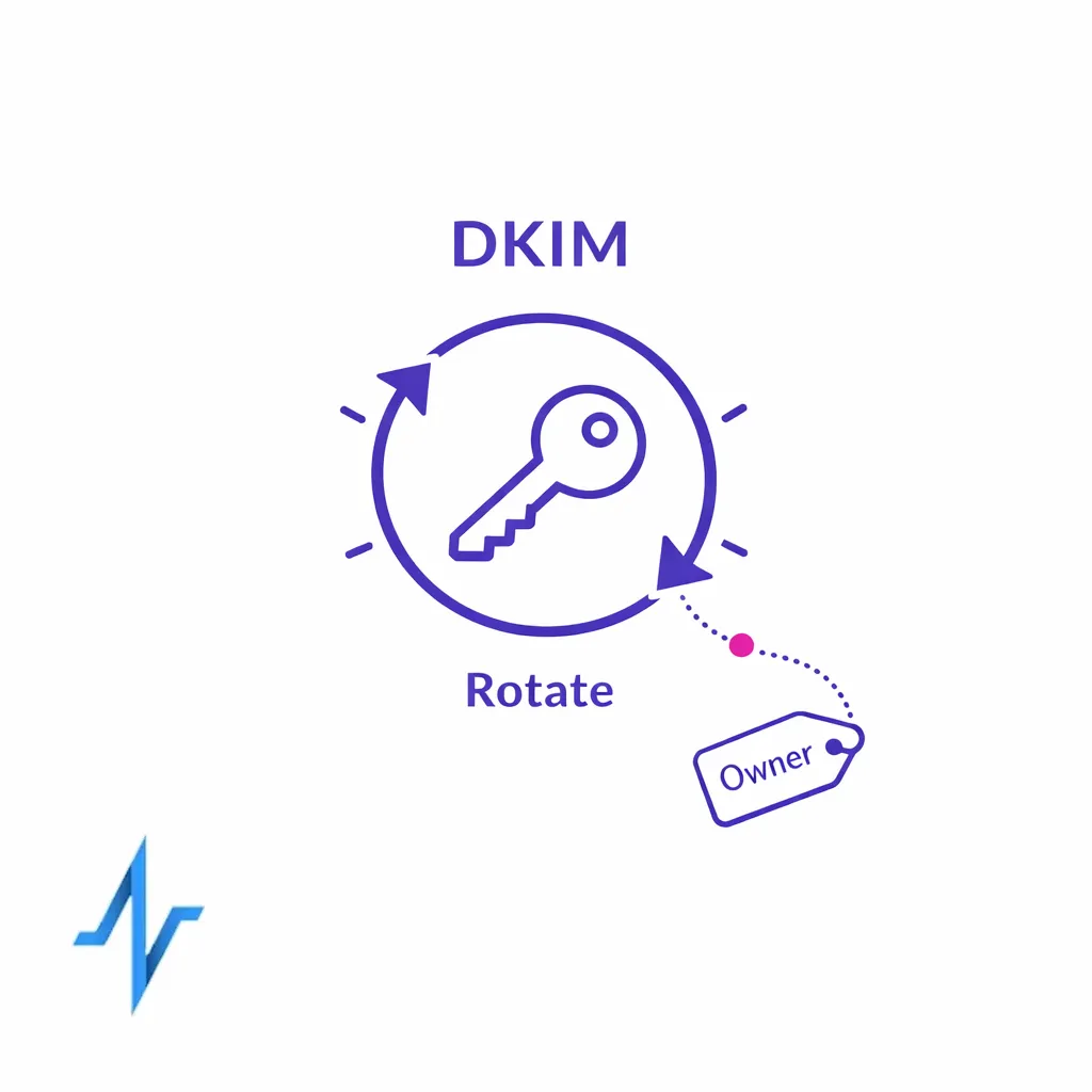 A circular calendar arrow surrounds a key icon to show planned DKIM rotation and clear ownership.