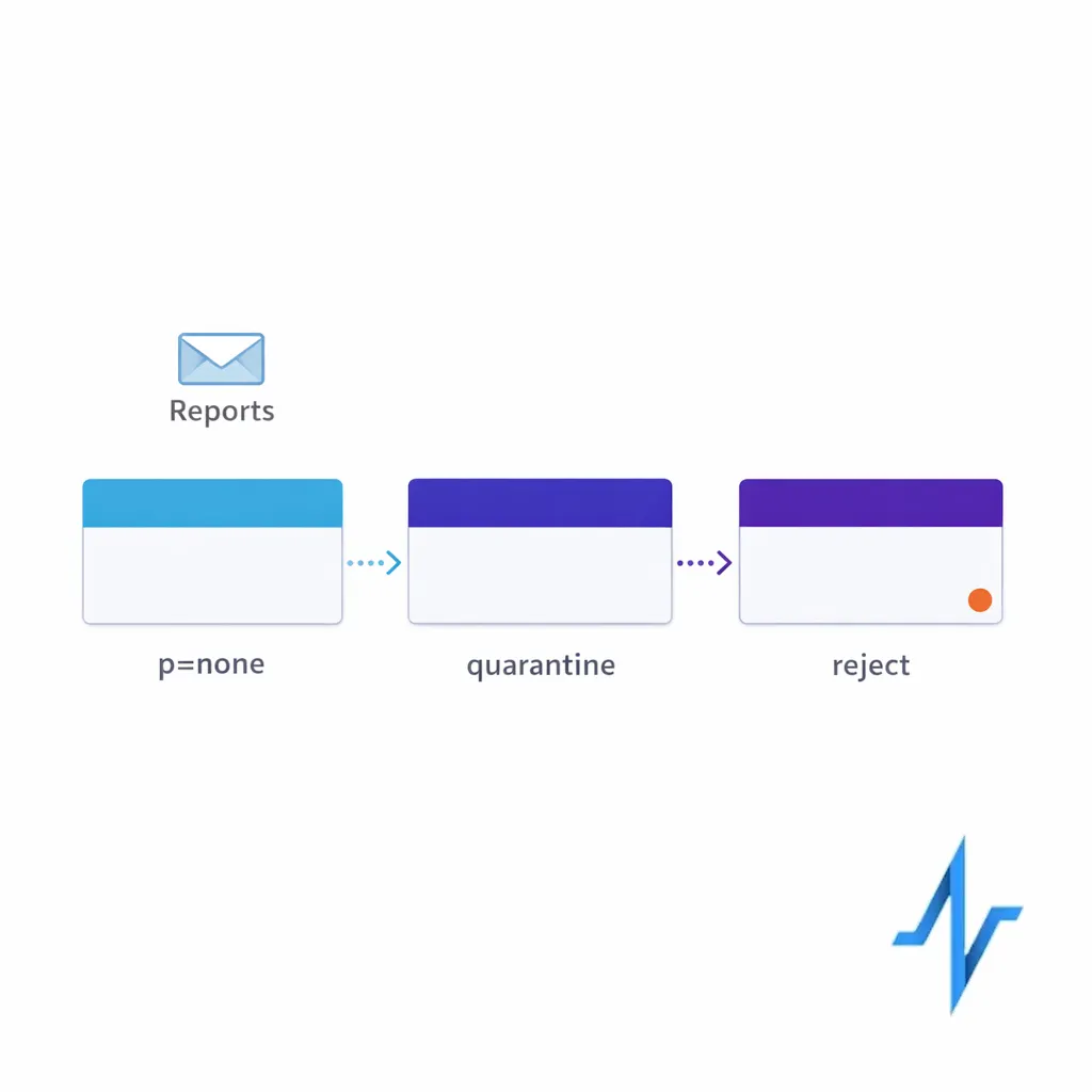 Three policy cards show p=none to quarantine to reject as a stepwise progression with reporting.