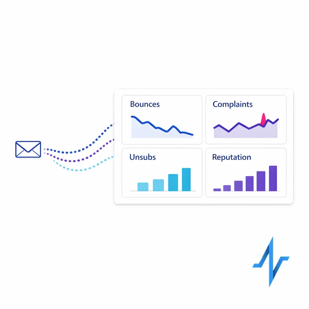 A compact dashboard shows bounces, complaints, unsubscribes, and reputation indicators as clean mini charts.