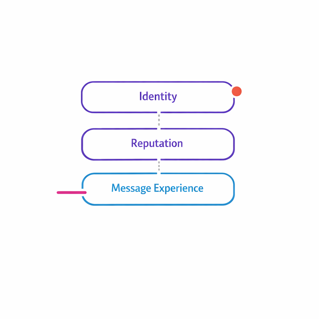A layered diagram shows identity, reputation, and message experience as stacked blocks with dotted connectors.