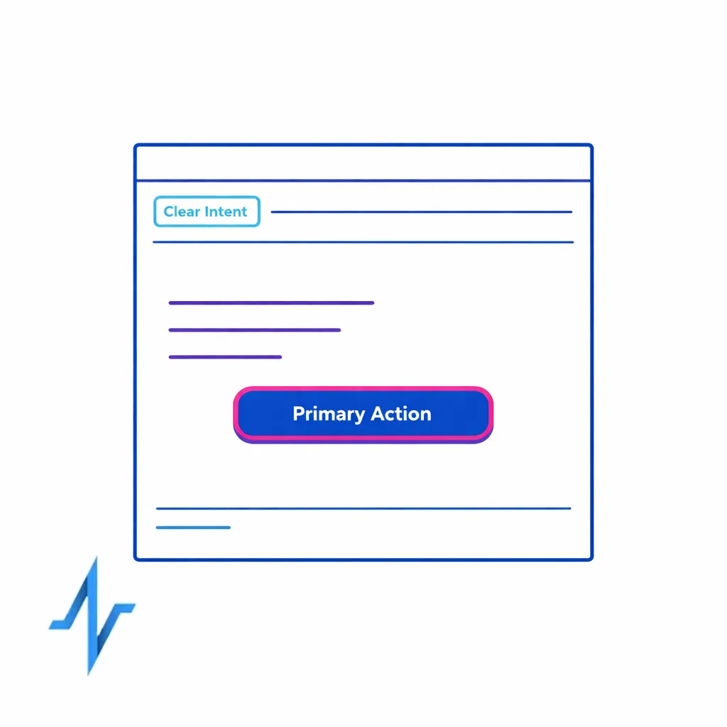 A simplified email wireframe shows short copy, one primary CTA, and a clean scannable structure.