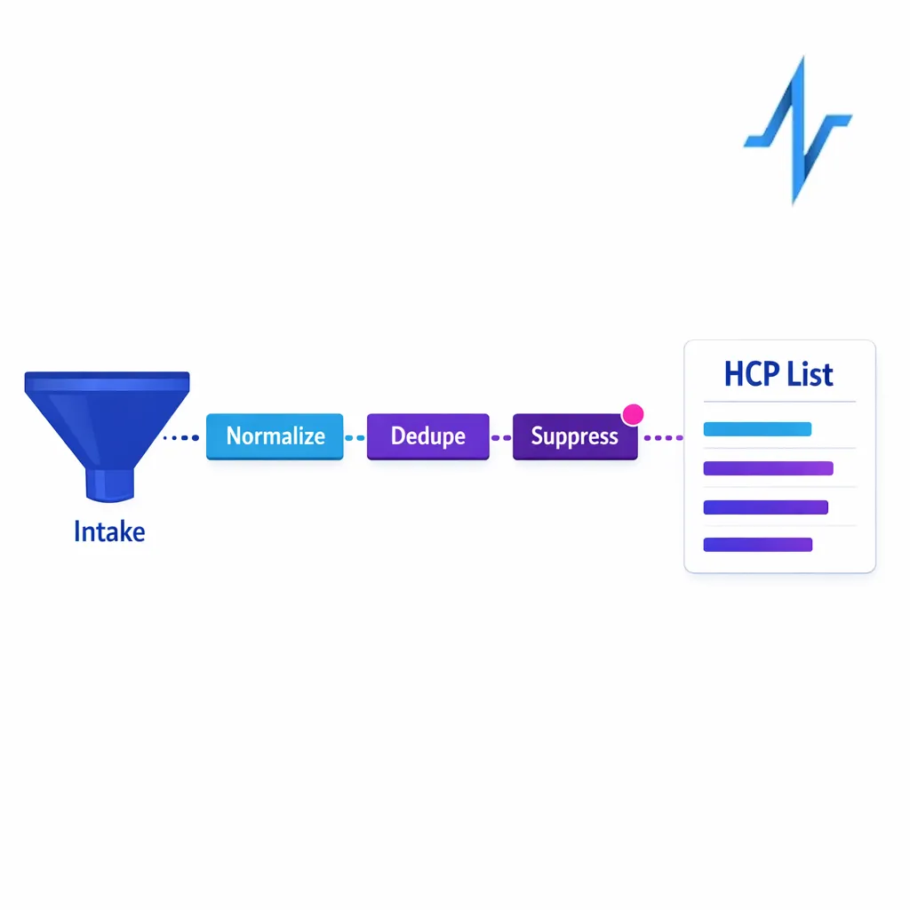 An intake funnel leads through dedupe, suppression, and validation stages to a clean HCP email list.