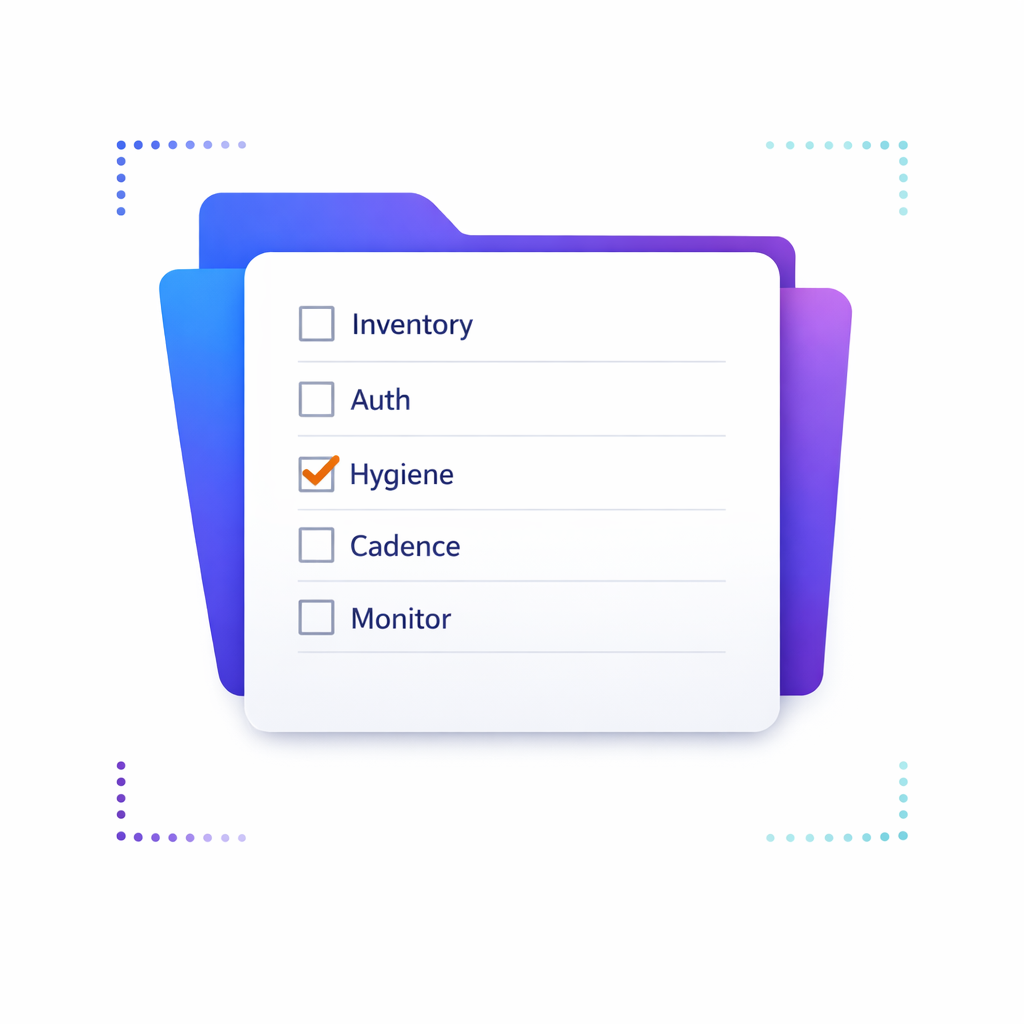 A checklist card summarizes inventory, authentication, hygiene, cadence, and monitoring as a practical playbook.