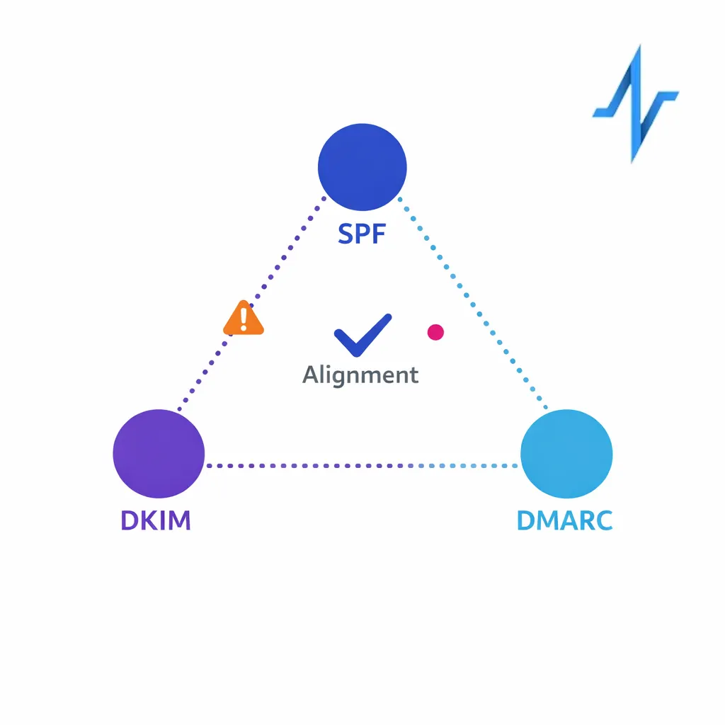 A triangle links SPF, DKIM, and DMARC with a central check mark indicating alignment to the From domain.