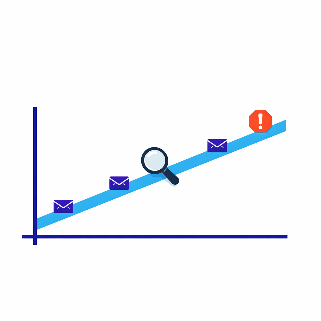 A rising ramp chart with small envelope icons illustrates gradual volume increase and monitoring for issues.